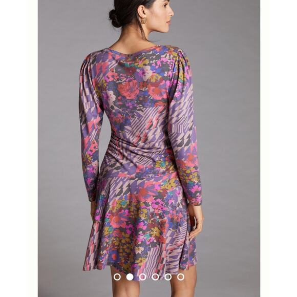 Anthropologie Daily Practice Ruched Mini Jersey Floral Print Long Sleeve Dress M - Picture 2 of 10
